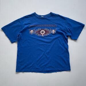 Vtg 90s Blue Southwestern Native Graphic T-Shirt / Size L/XL / Skull Feathers